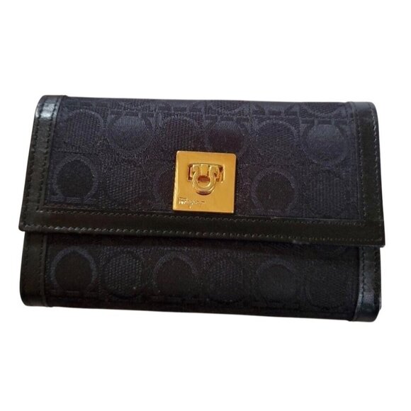 SALVATORE FERRAGAMO Trifold Wallet Gancini Canvas Leather Black - Picture 1 of 16